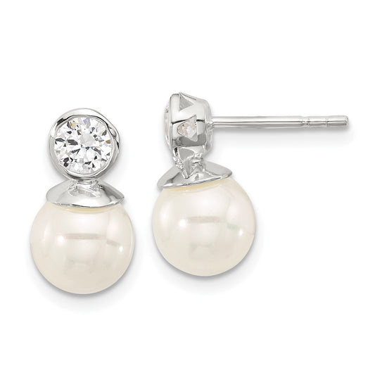 Sterling Silver Polished 5mm CZ and 8mm Glass Pearl Post Earrings