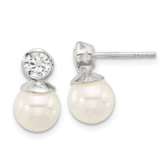 Sterling Silver Polished 5mm CZ and 8mm Glass Pearl Post Earrings
