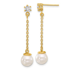 Yellow Gold-plated Sterling Silver Polished CZ and Imitation Pearl Dangle Earrings
