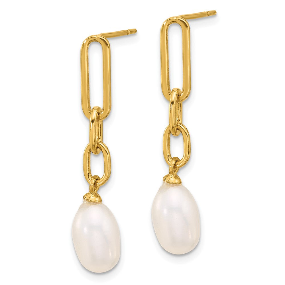 Yellow Gold-plated Sterling Silver Polished Synthetic Pearl Link Dangle Earrings