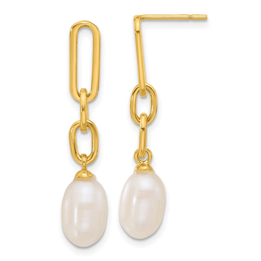 Yellow Gold-plated Sterling Silver Polished Synthetic Pearl Link Dangle Earrings