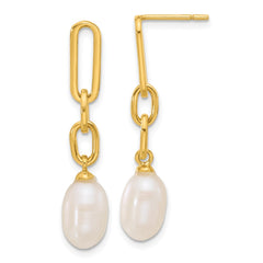 Yellow Gold-plated Sterling Silver Polished Synthetic Pearl Link Dangle Earrings