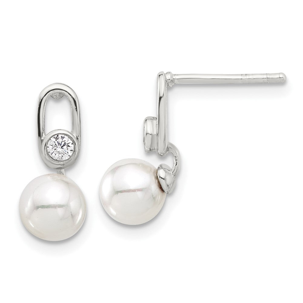 Sterling Silver E-coated 6-7mm Shell Pearl with CZ Post Earrings