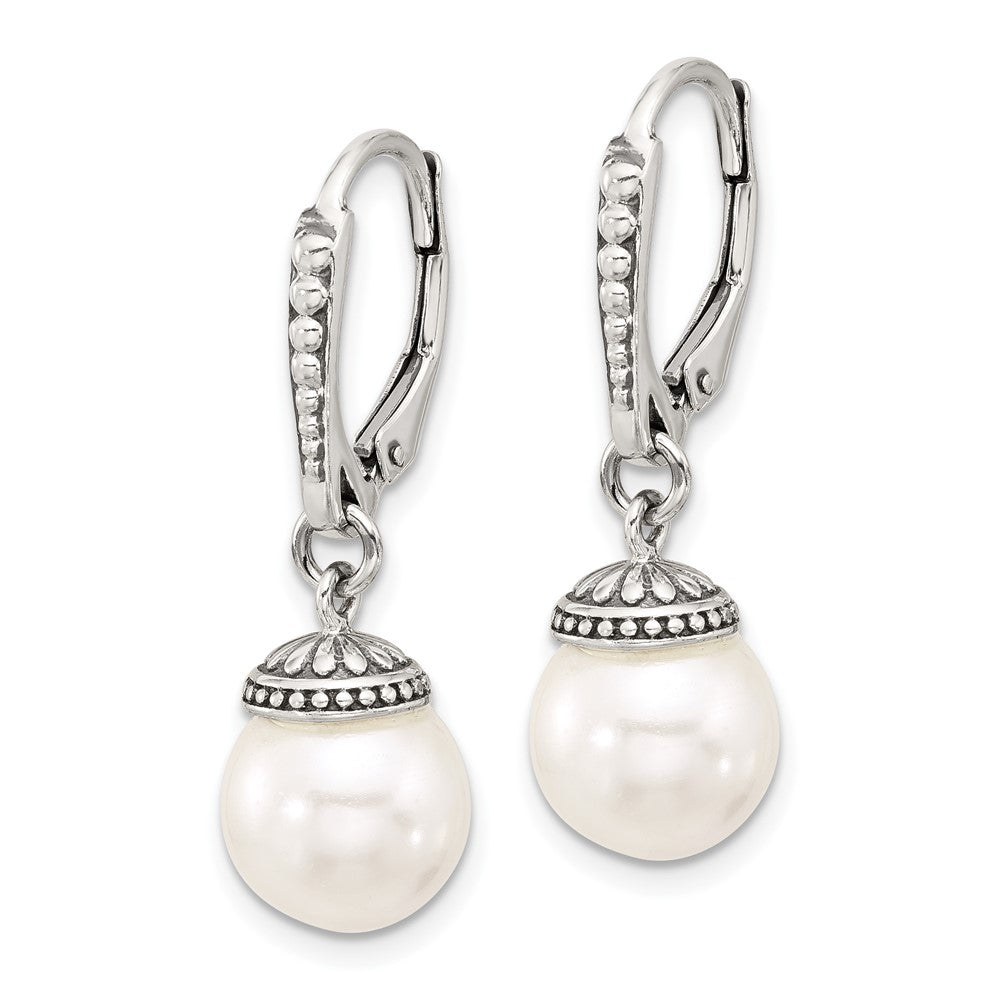 Sterling Silver Polished and Antiqued Syn. Pearl Dangle Leverback Earrings