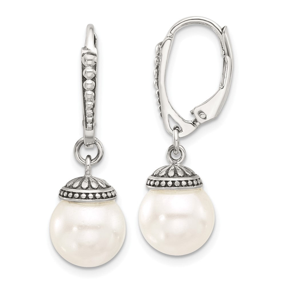 Sterling Silver Polished and Antiqued Syn. Pearl Dangle Leverback Earrings