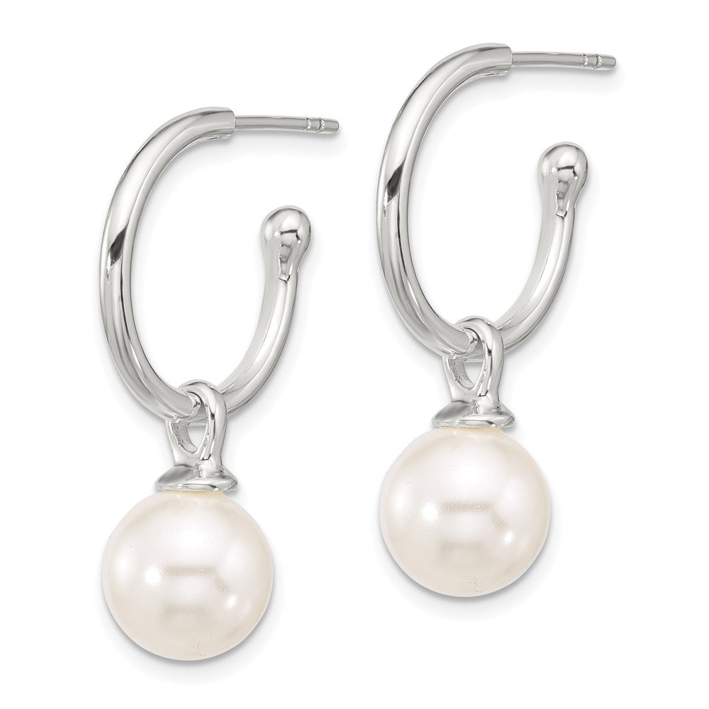 Sterling Silver Polished C-Hoop with Dangle Glass Pearl Post Earrings