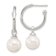 Sterling Silver Polished C-Hoop with Dangle Glass Pearl Post Earrings