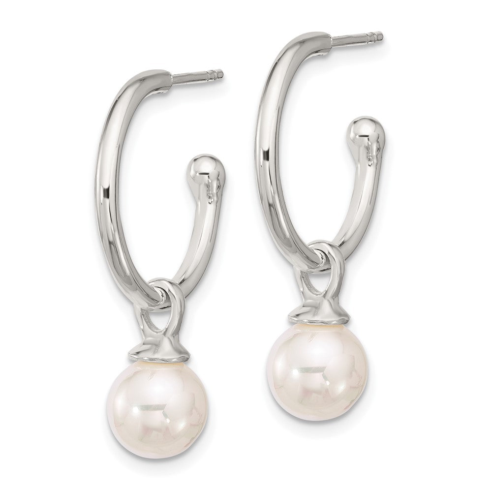 Sterling Silver Polished C-Hoop with Dangle Glass Pearl Post Earrings