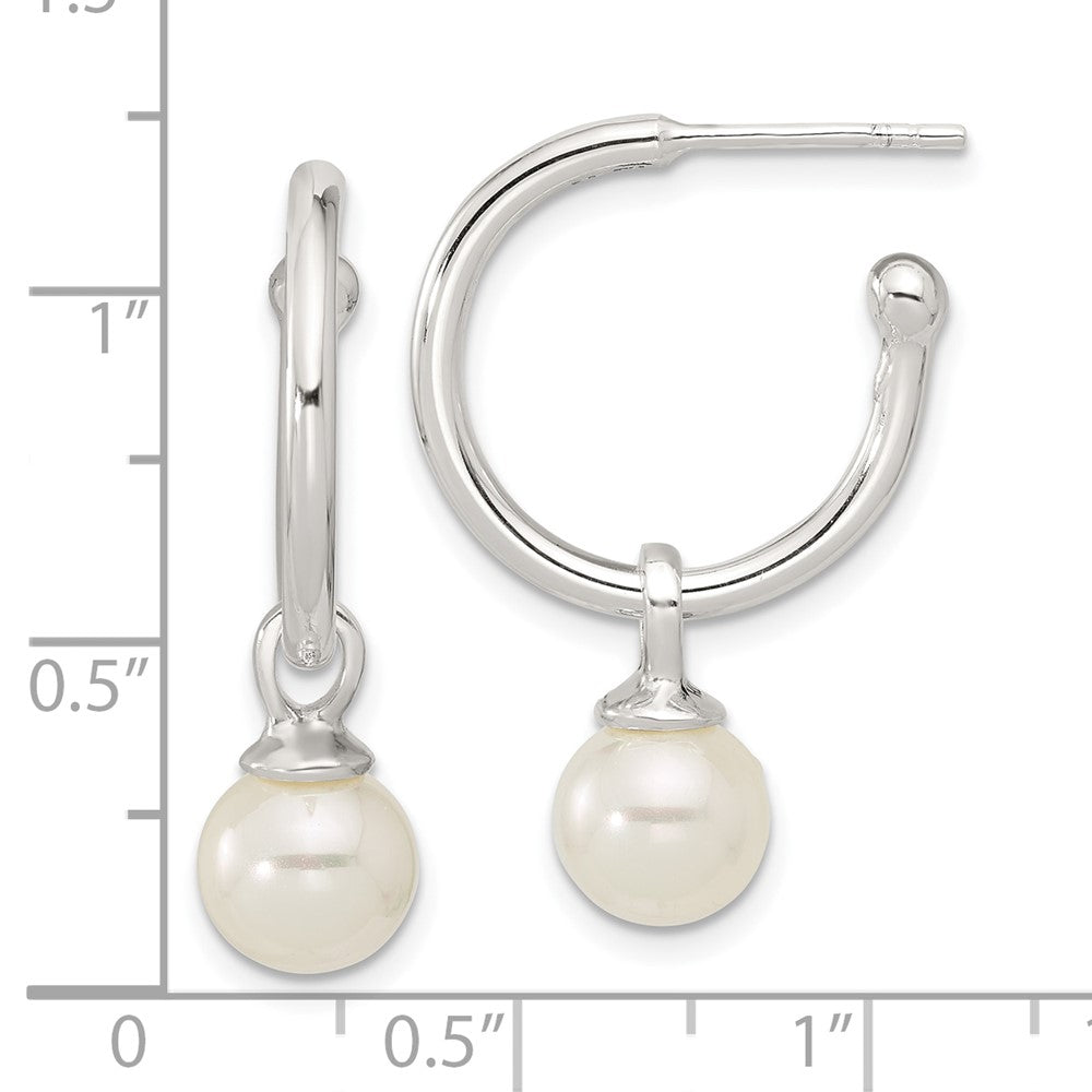 Sterling Silver Polished C-Hoop with Dangle Glass Pearl Post Earrings