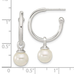 Sterling Silver Polished C-Hoop with Dangle Glass Pearl Post Earrings