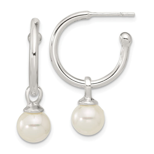 Sterling Silver Polished C-Hoop with Dangle Glass Pearl Post Earrings
