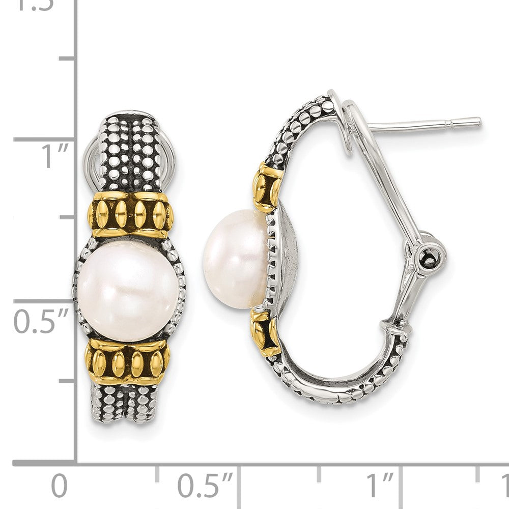 Yellow Gold-plated Sterling Silver Antiqued Synthetic Pearl Omega Back Earrings