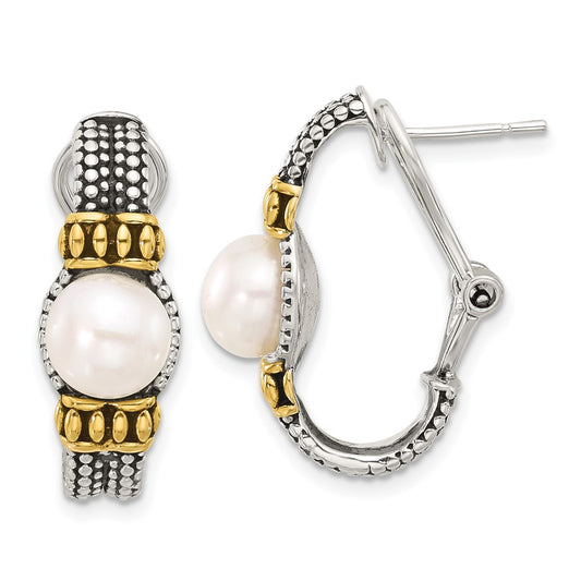 Yellow Gold-plated Sterling Silver Antiqued Synthetic Pearl Omega Back Earrings