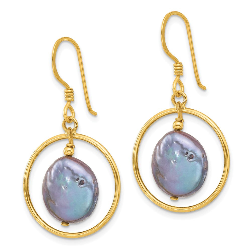 Yellow Gold-plated Sterling Silver Coin Black FWC Pearl Dangle Earrings