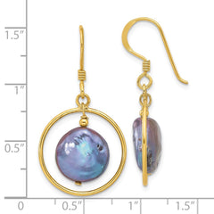 Yellow Gold-plated Sterling Silver Coin Black FWC Pearl Dangle Earrings