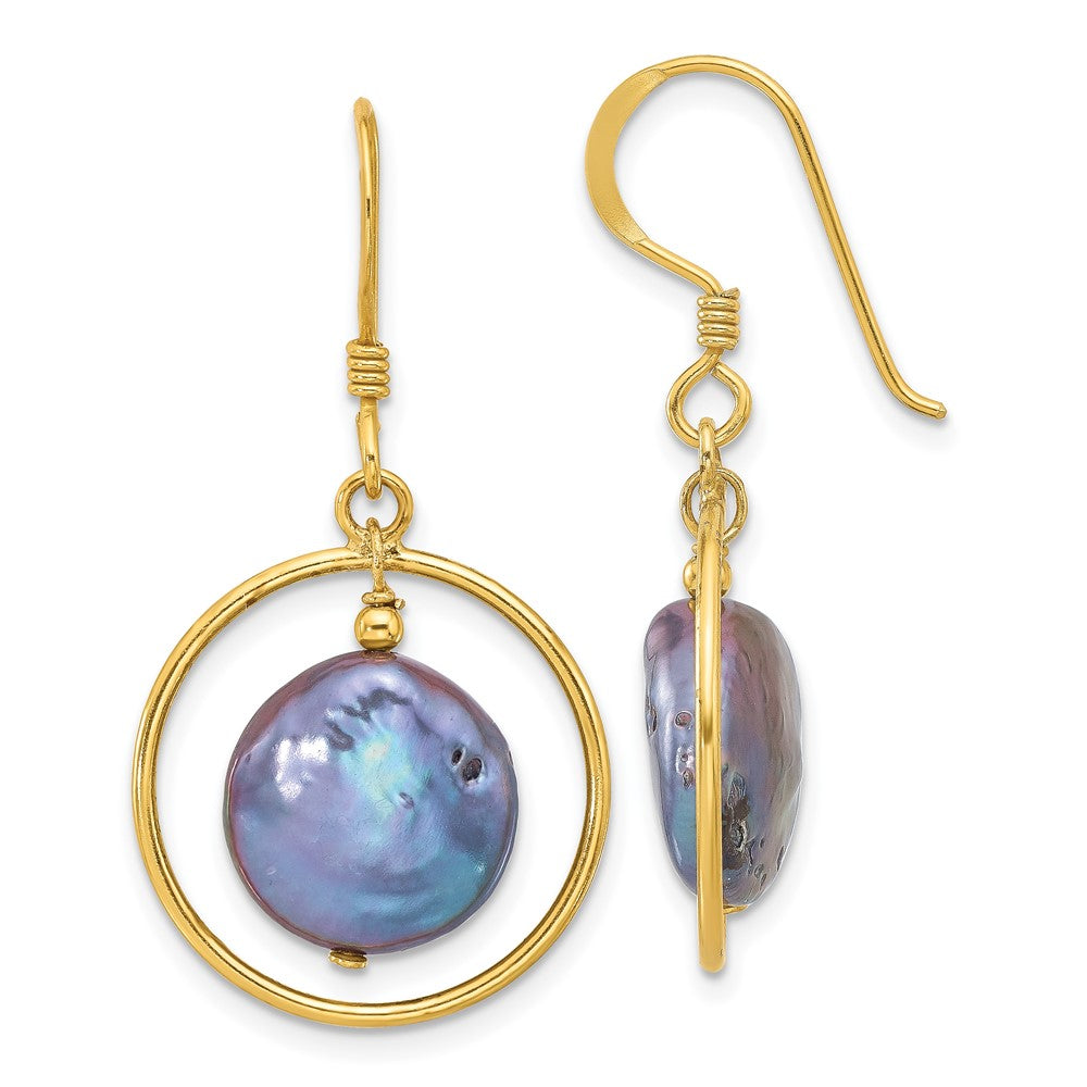 Yellow Gold-plated Sterling Silver Coin Black FWC Pearl Dangle Earrings