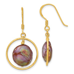 Yellow Gold-plated Sterling Silver Coin Brown FWC Pearl Dangle Earrings
