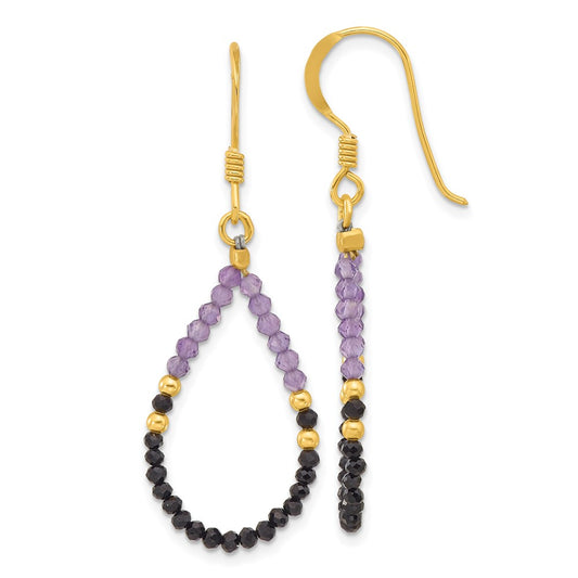 Yellow Gold-plated Sterling Silver Amethyst and Black Spinel Dangle Earrings