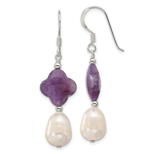Sterling Silver Amethyst and FWC Pearl Shepherd Hook Earrings