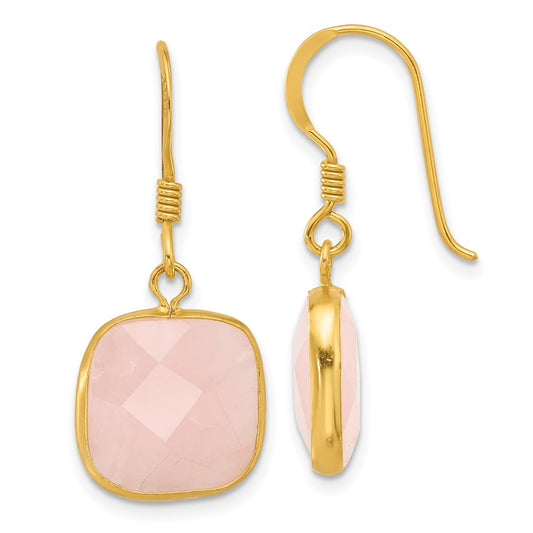 Yellow Gold-plated Sterling Silver Rose Quartz Dangle Earrings