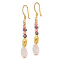 Yellow Gold-plated Sterling Silver Black FWC Pearl Coral Quartz Earrings