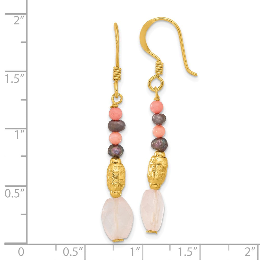 Yellow Gold-plated Sterling Silver Black FWC Pearl Coral Quartz Earrings