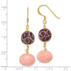 Yellow Gold-plated Sterling Silver Peach and Red Jade Dangle Earrings