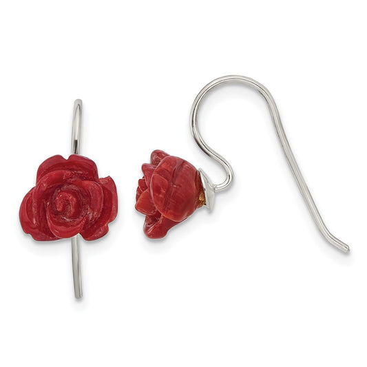 Sterling Silver 10mm Red Coral Rose Shepherd Hook Earrings