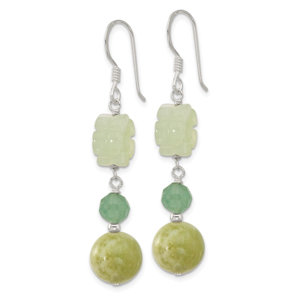 Sterling Silver Aventurine and Jade Flower Shepherd Hook Earrings