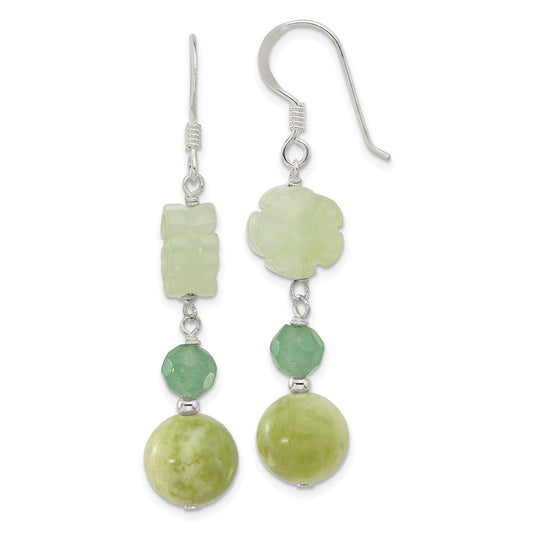 Sterling Silver Aventurine and Jade Flower Shepherd Hook Earrings