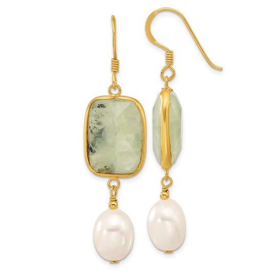 Yellow Gold-plated Sterling Silver FWC Pearl and Prehnite Dangle Earrings