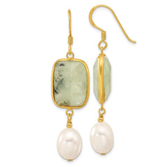 Yellow Gold-plated Sterling Silver FWC Pearl and Prehnite Dangle Earrings