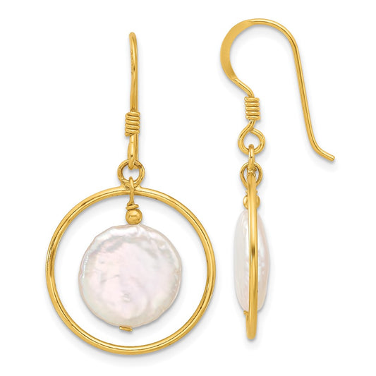 Yellow Gold-plated Sterling Silver Coin FWC Pearl Earrings