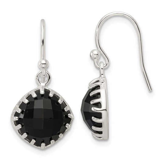 Sterling Silver Polished Checkerboard Onyx Dangle Earrings