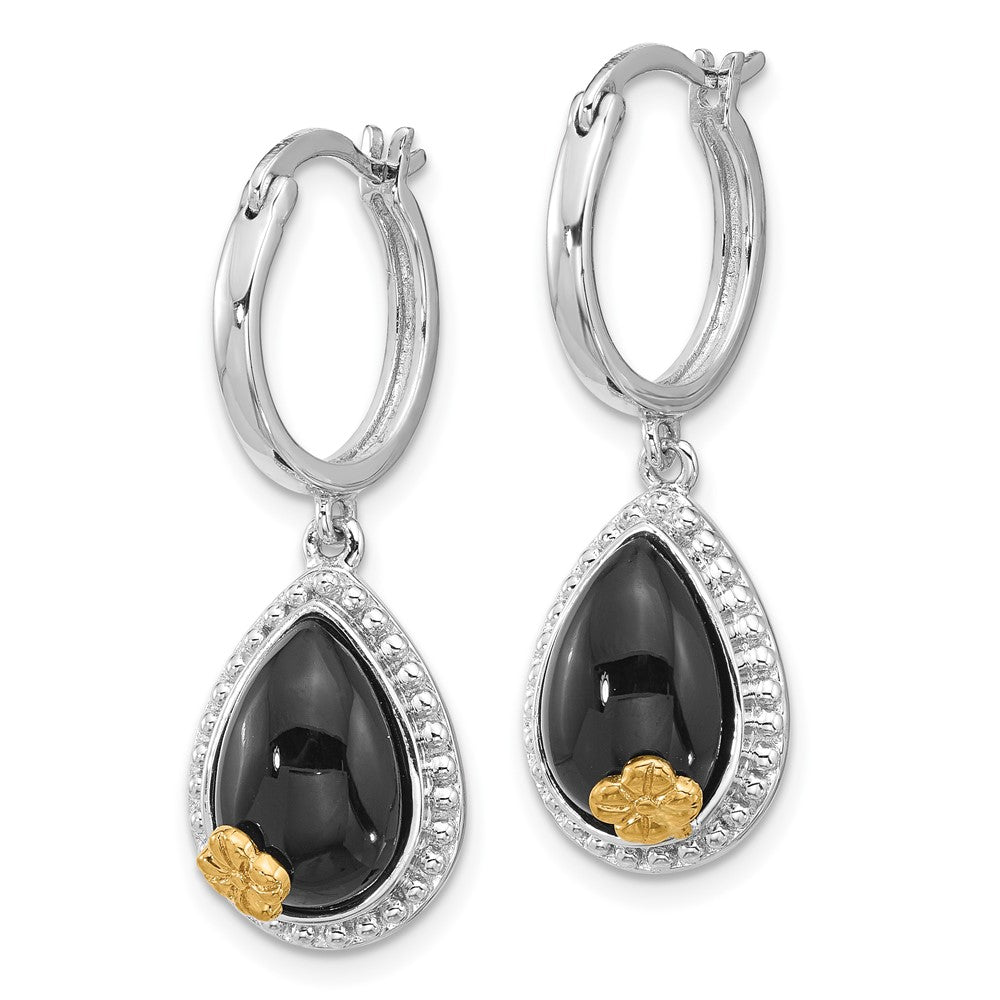 Sterling Silver with 14K accent Rhodium-plated Black Onyx Teardrop Dangle Earrings
