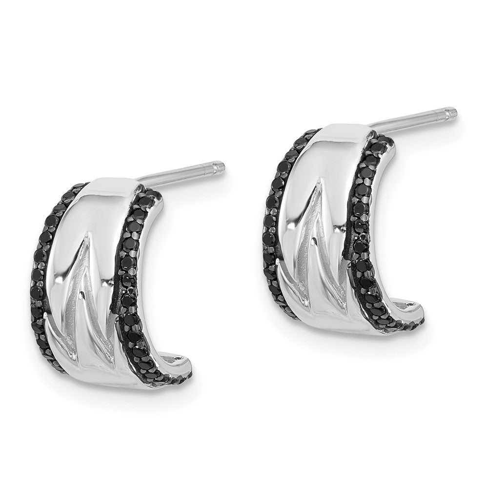 Rhodium-plated Sterling Silver Black Spinel J-Hoop Post Earrings