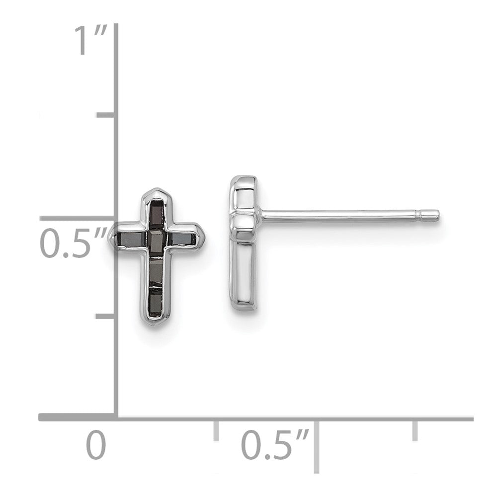 Rhodium-plated Sterling Silver Black Spinel Cross Post Earrings