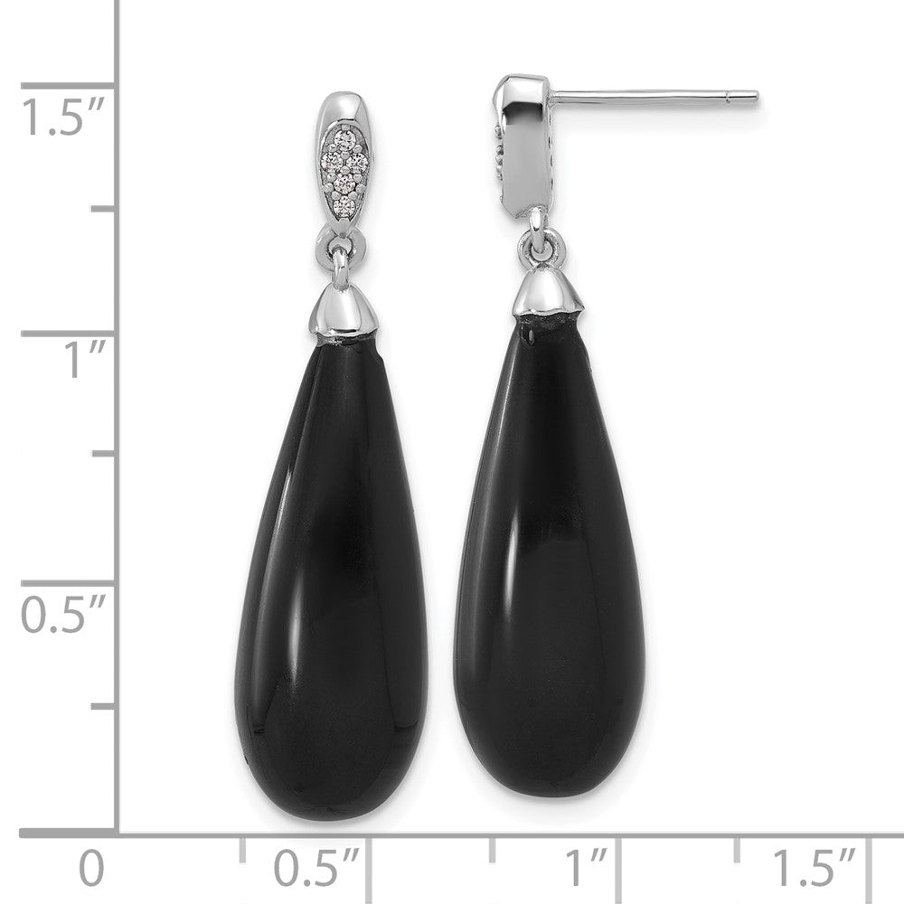 Rhodium-plated Sterling Silver Polished Teardrop Onyx & CZ Post Dangle Earrings