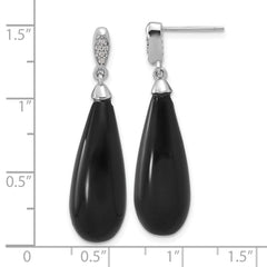 Rhodium-plated Sterling Silver Polished Teardrop Onyx & CZ Post Dangle Earrings