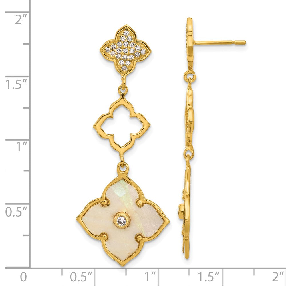 Yellow Gold-plated Sterling Silver Polished MOP and CZ Floral Dangle Earrings