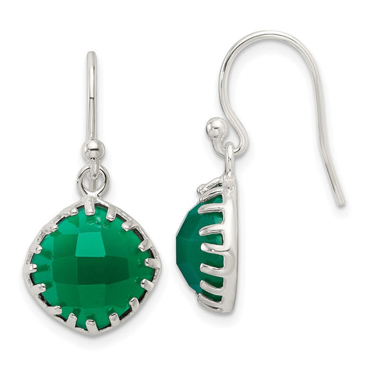 Sterling Silver Polished Checkerboard Green Onyx Dangle Earrings