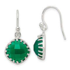 Sterling Silver Polished Checkerboard Green Onyx Dangle Earrings