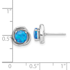 Rhodium-plated Sterling Silver Swirl Blue Created Opal Post Earrings