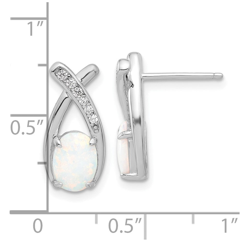 Rhodium-plated Sterling Silver CZ and White Created Opal Post Earrings