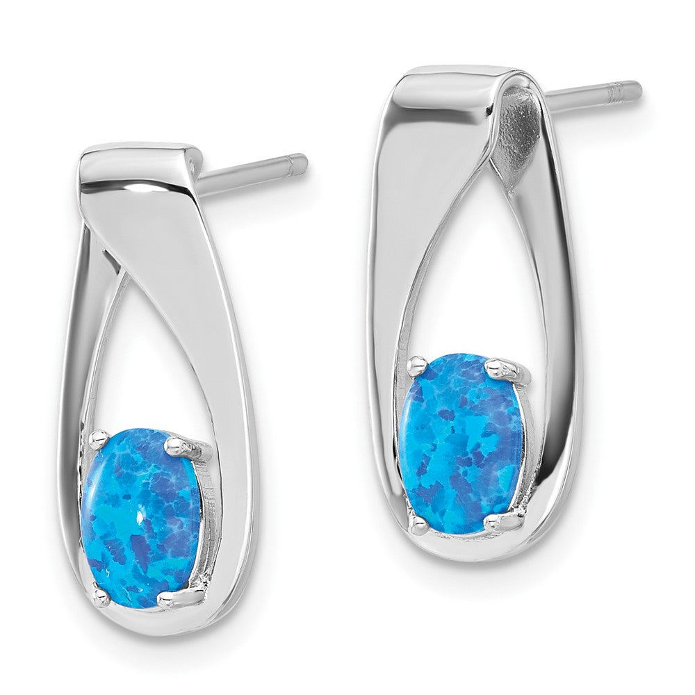 Rhodium-plated Sterling Silver Blue Created Opal Post Earrings