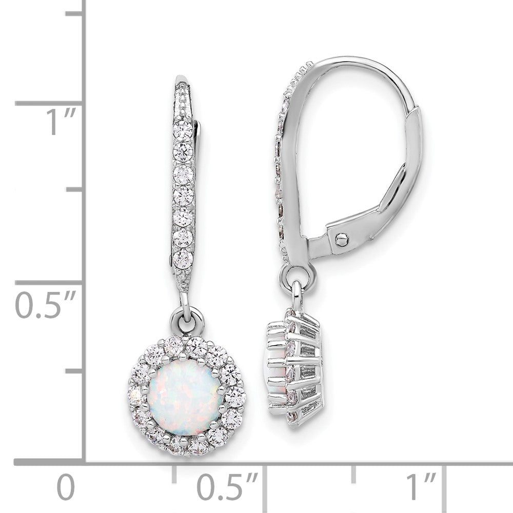 Rhodium-plated Sterling Silver CZ and Created Opal Halo Dangle Leverback Earrings