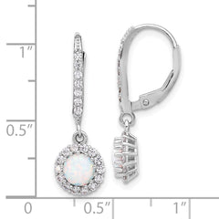 Rhodium-plated Sterling Silver CZ and Created Opal Halo Dangle Leverback Earrings