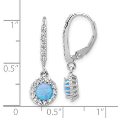 Rhodium-plated Sterling Silver CZ and Blue Created Opal Halo Dangle Leverback Earrings