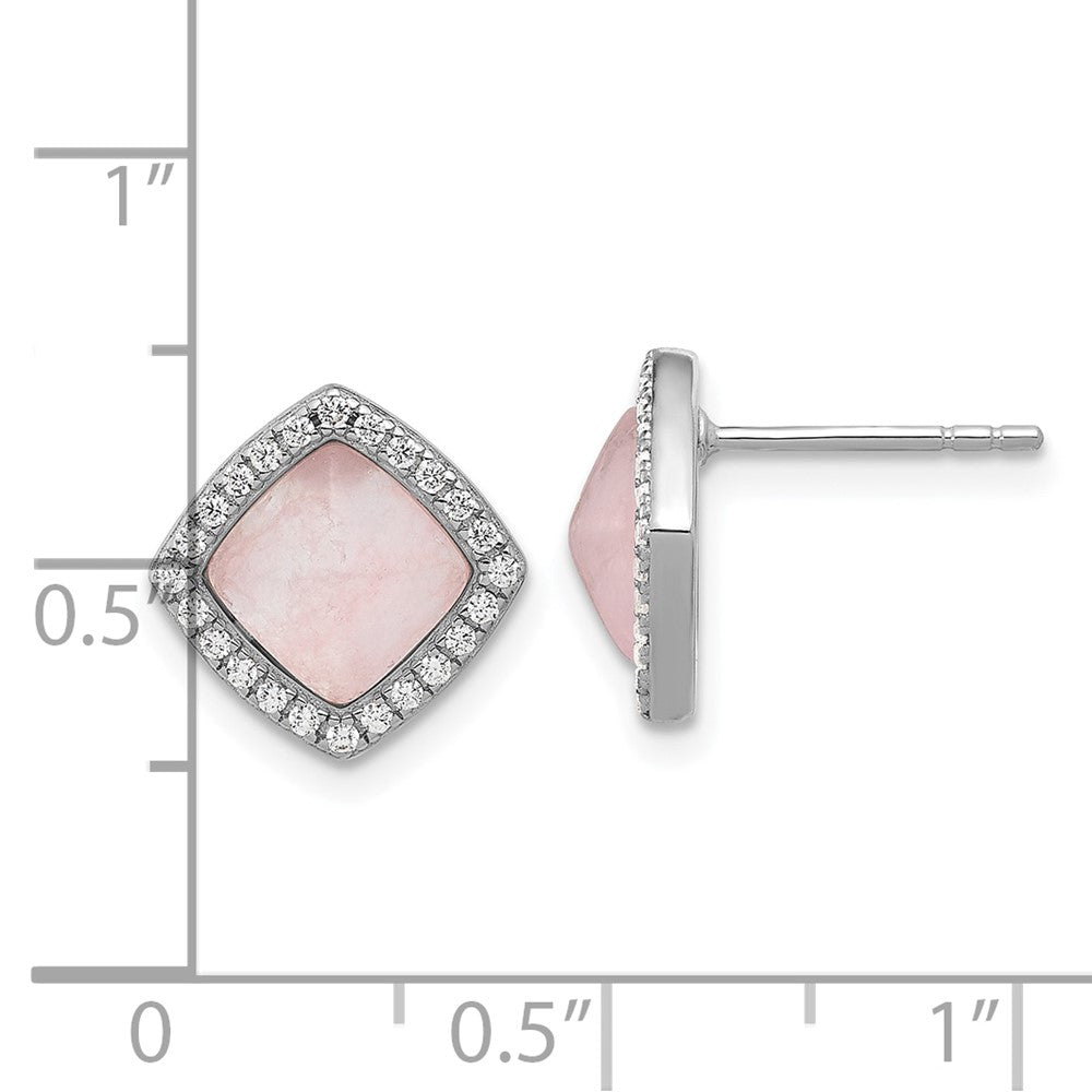 Rhodium-plated Sterling Silver CZ and Rose Quartz Post Earrings