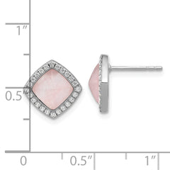 Rhodium-plated Sterling Silver CZ and Rose Quartz Post Earrings
